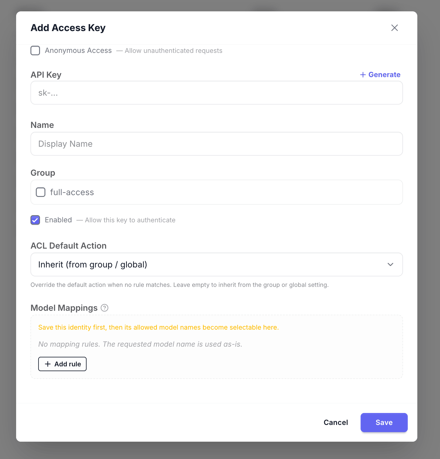 Add Access Key: generate an API Key, fill in Name, check the owning key group under Group, then save