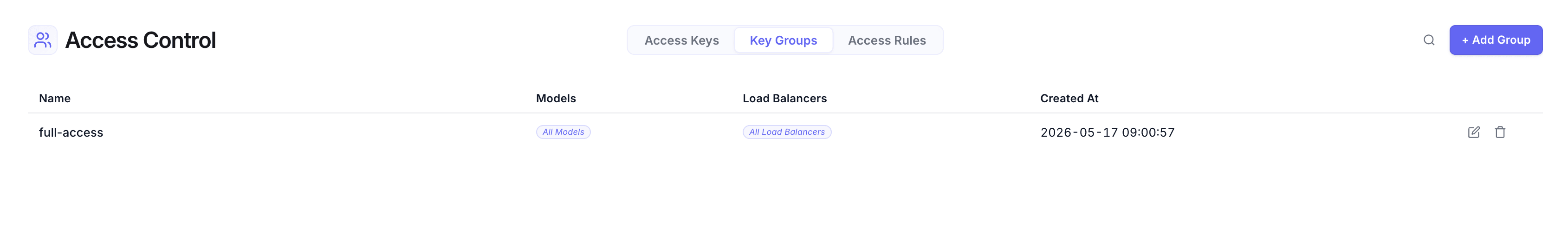 Key Groups tab: key group list; Models and Load Balancers are two independent authorization dimensions