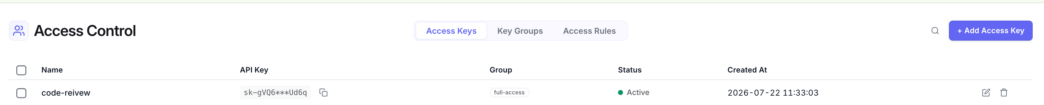 Access Keys tab: the issued key list, showing masked keys, owning group and status; click the row's copy button to get the full key and put it into a GitHub Secret