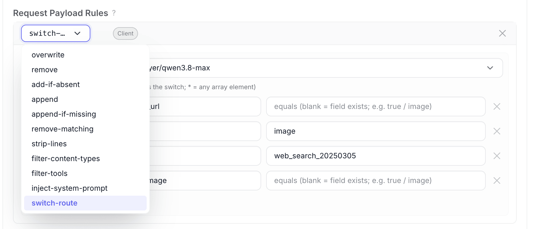 Request Payload Rules: the Mode dropdown expanded, switch-route selected (last item highlighted)